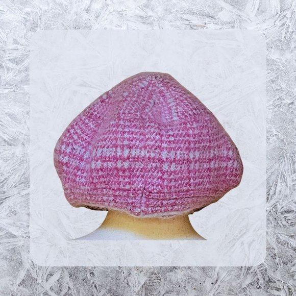 Raspberry & Grey Knit Herringbone Baker Boy Hat accent on side sparkles in Front - Picture 3 of 11